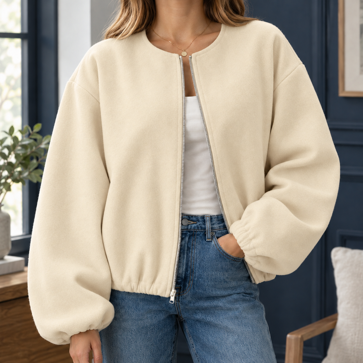 Jacket Polyester Cropped Zip Front with Balloon Sleeves and Round Neck