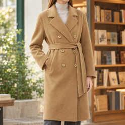Coat Wool Double-Breasted Longline Straight with Self-Tie Belt