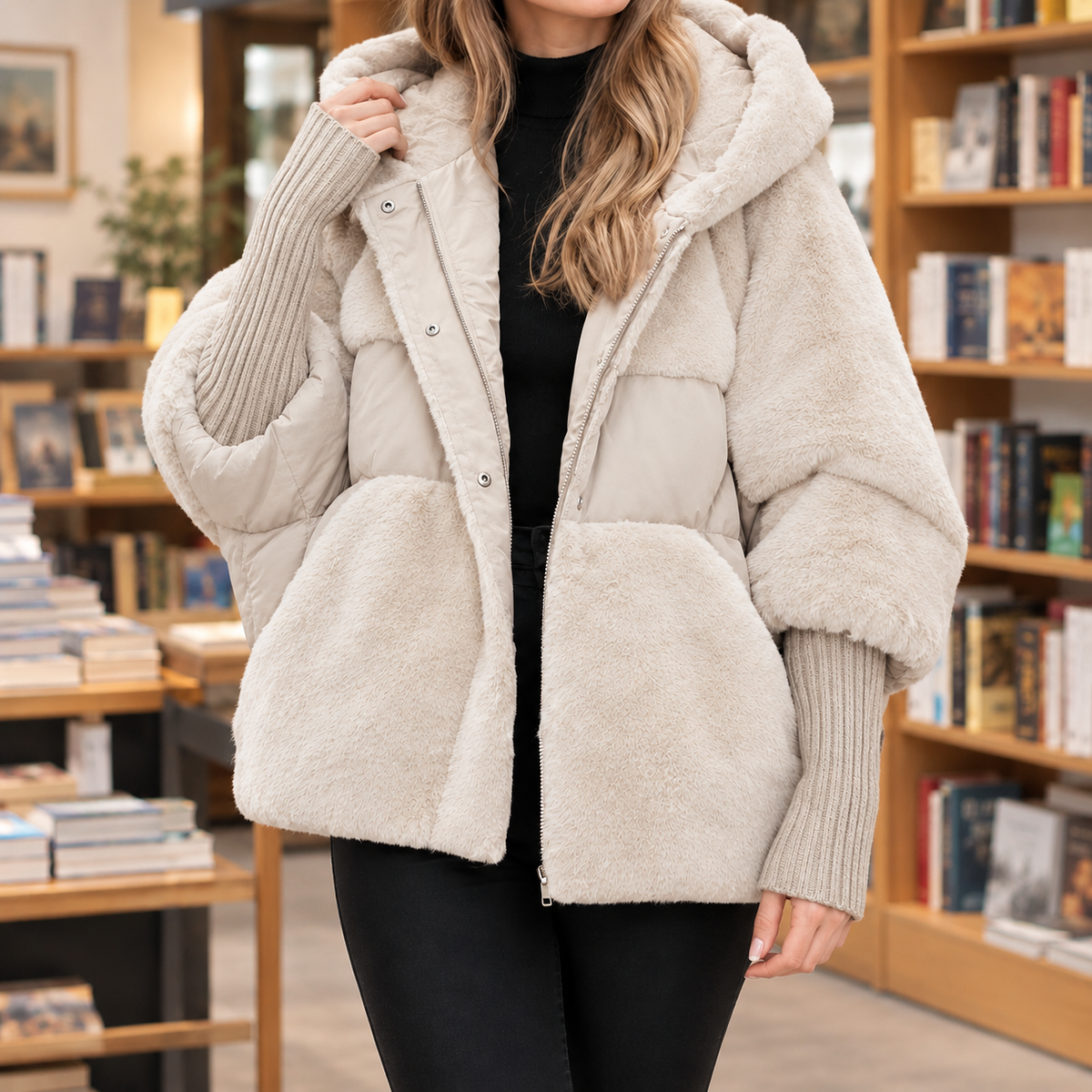 Jacket Cotton Plush and Quilted Panels Cocoon with Hood and Zip