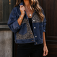 Denim Jacket Animal-Print Patchwork Relaxed with Metal Buttons