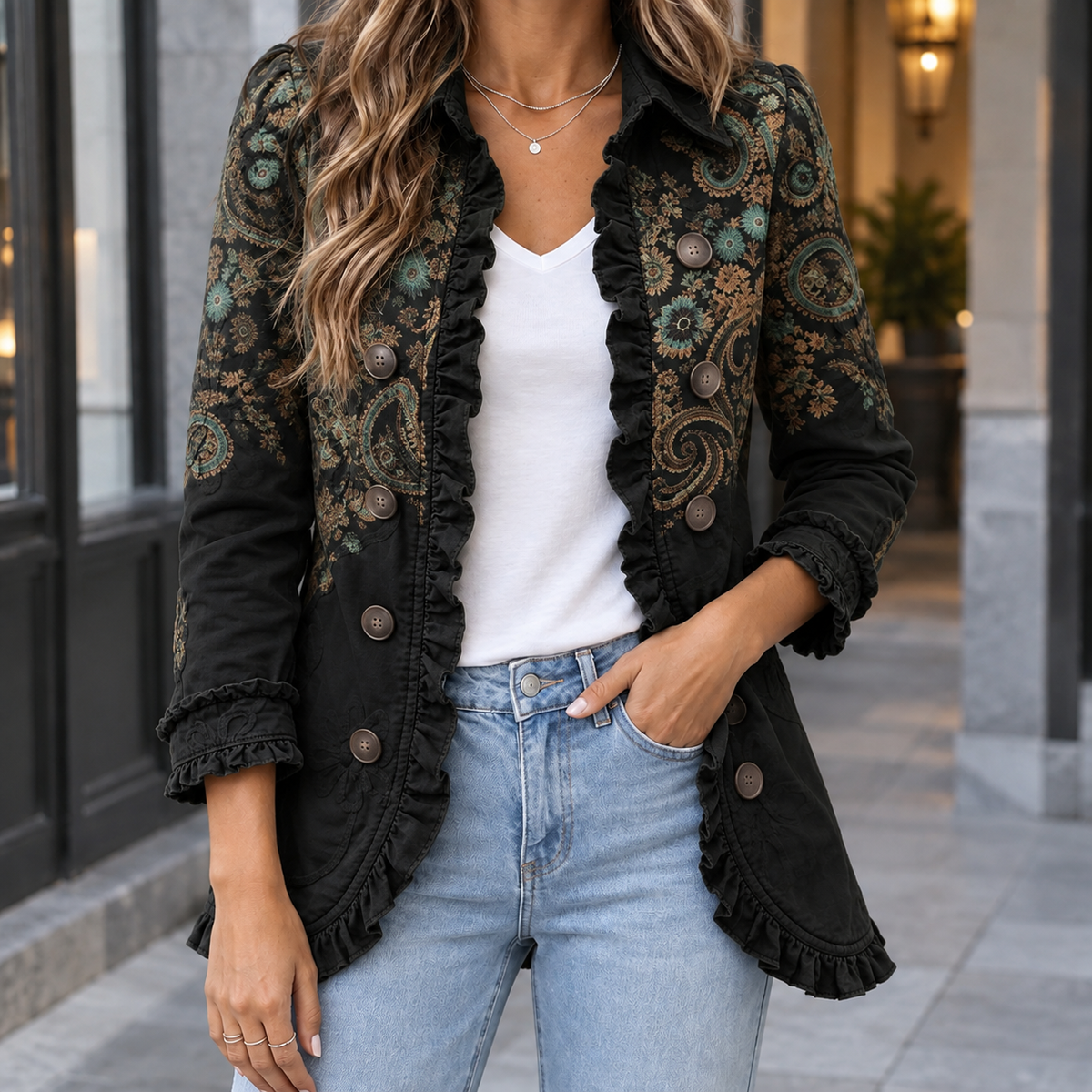 Ruffle Jacket Polyester A-Line with Cascading Ruffle Trim