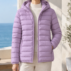 Puffer Jacket White Duck Down Hooded with Horizontal Quilting and Zip
