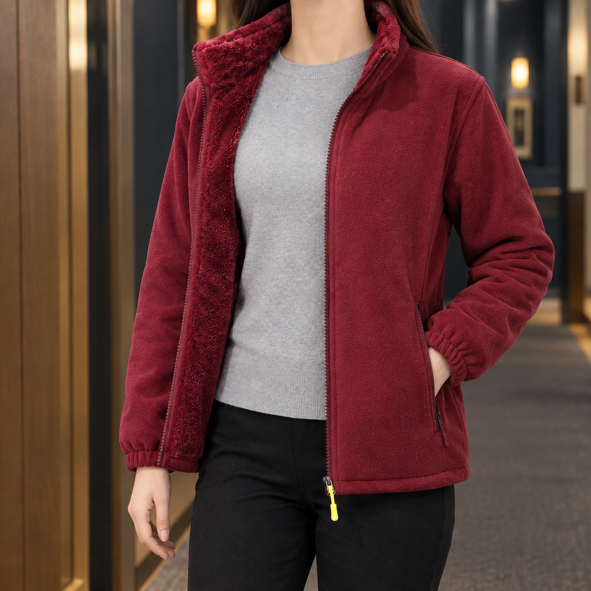 Fleece Jacket with Stand Collar, Full Zip and Zip Pockets