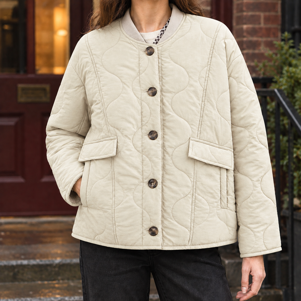 Quilted Jacket Polyester Wavy Quilting with Ribbed Bomber Collar