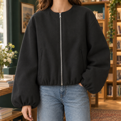 Collarless Jacket Polyester Short with Balloon Sleeves and Zip Front
