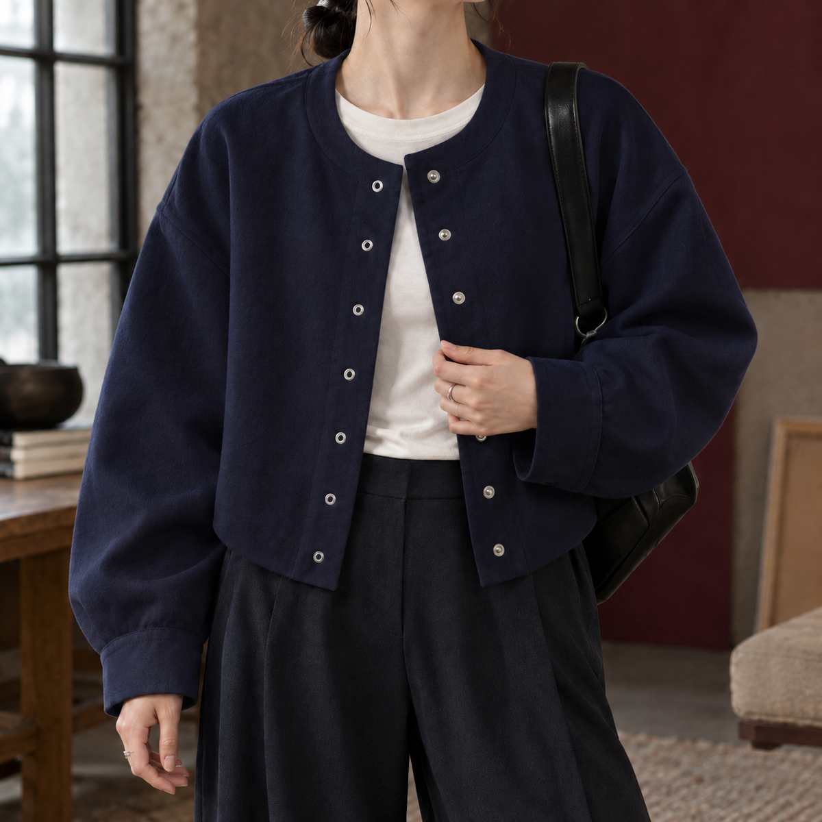 Jacket Polyester Cropped with Round Neckline and Snap Front
