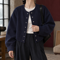 Jacket Polyester Cropped with Round Neckline and Snap Front