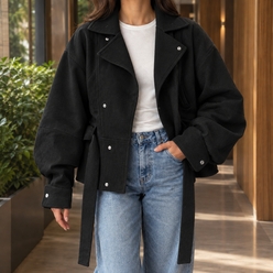 Moto Jacket Polyester Cropped with Offset Snaps and Self-Tie Belt