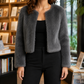 Jacket Polyester Plush Textured Cropped with Collarless Open Front