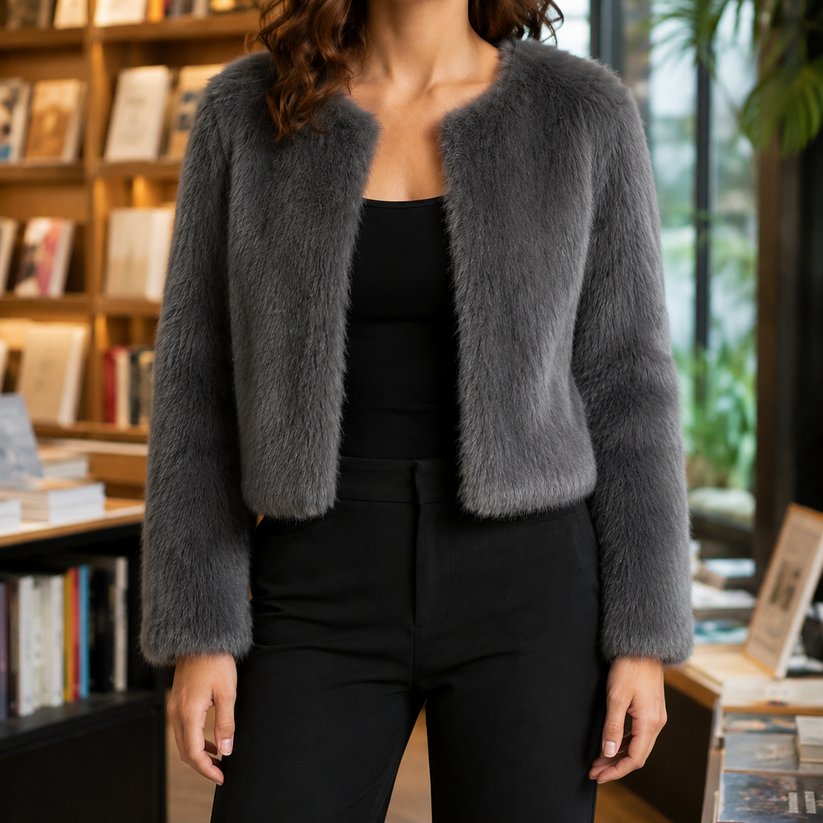 Jacket Polyester Plush Textured Cropped with Collarless Open Front