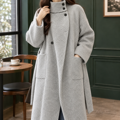 Coat Wool Blend Cashmere-Feel Longline with Asymmetric Stand Collar