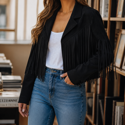 Jacket Polyester Western Fringe Cropped with Notched Lapel Collar