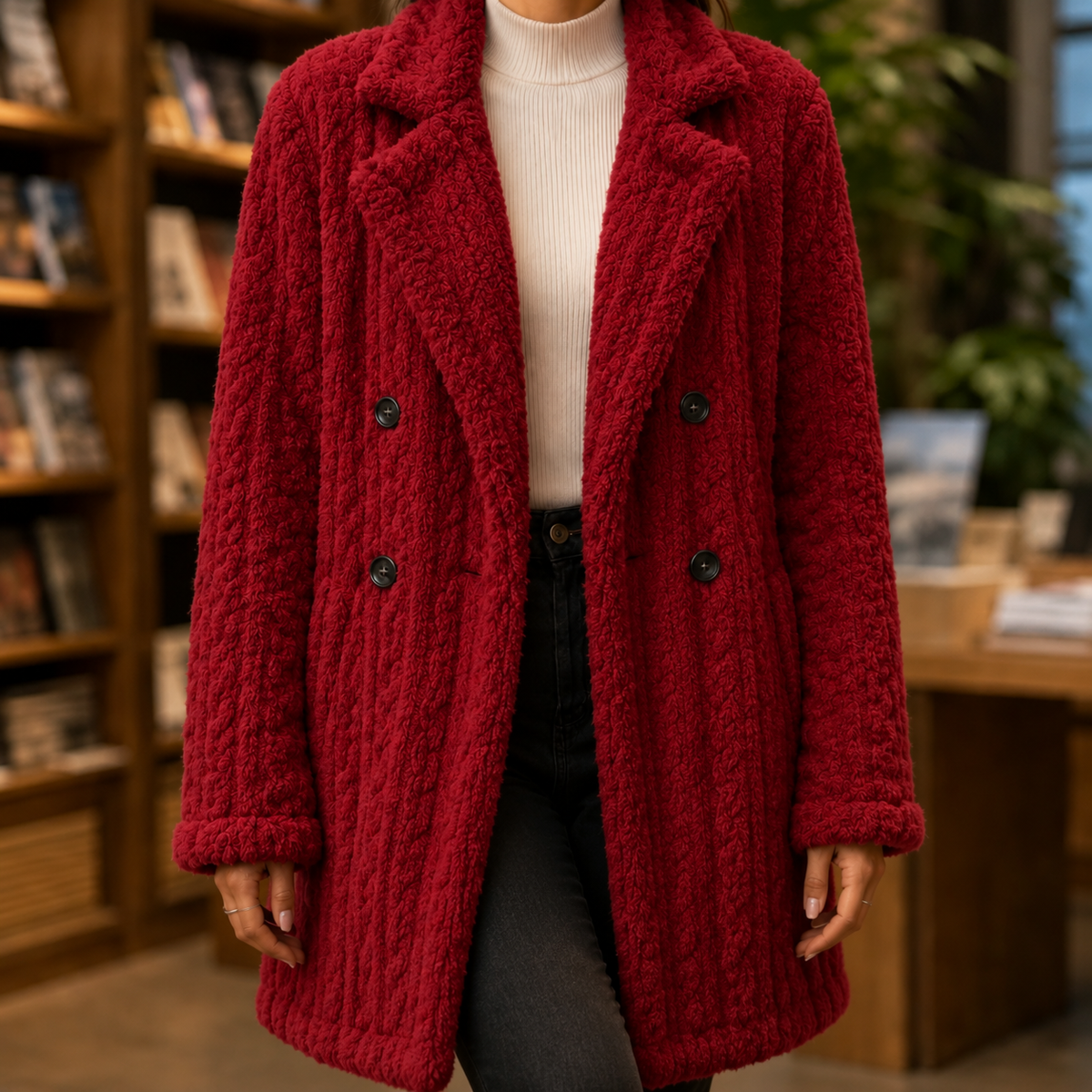 Coat Polyester Longline with Raised Cable Texture and Notched Lapels