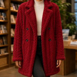 Coat Polyester Longline with Raised Cable Texture and Notched Lapels