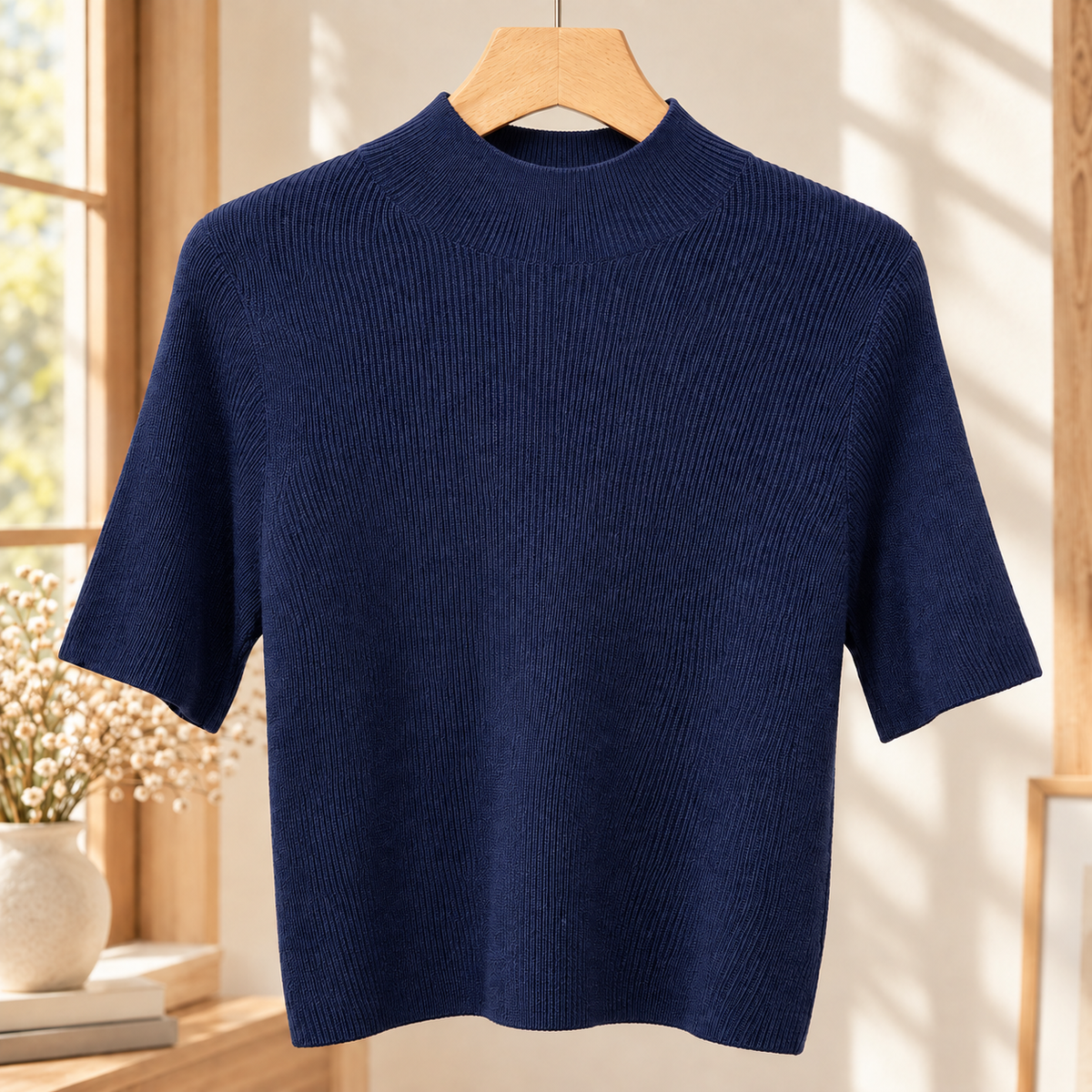 Finely Ribbed Lightweight Mock Neck Top