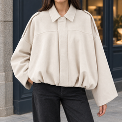 Bomber Jacket Faux Suede with Batwing Sleeves and Gathered Bubble Hem