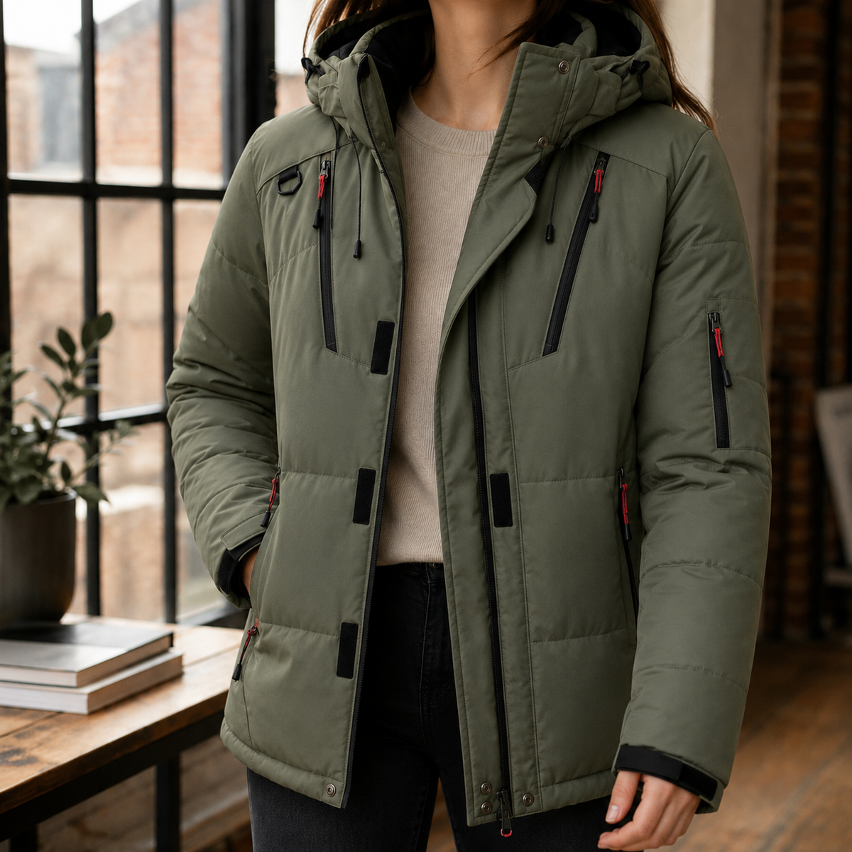 Utility Coat Polyester Padded Hip-Length with Hood and Zip Pockets