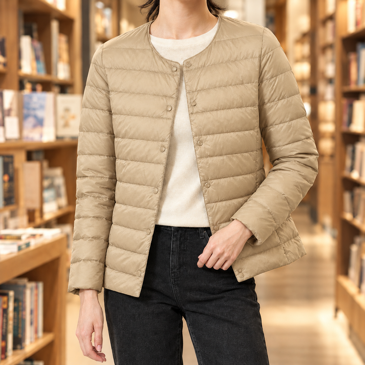 Quilted Jacket Polyester Slim Short with Round Neckline and Snap Front