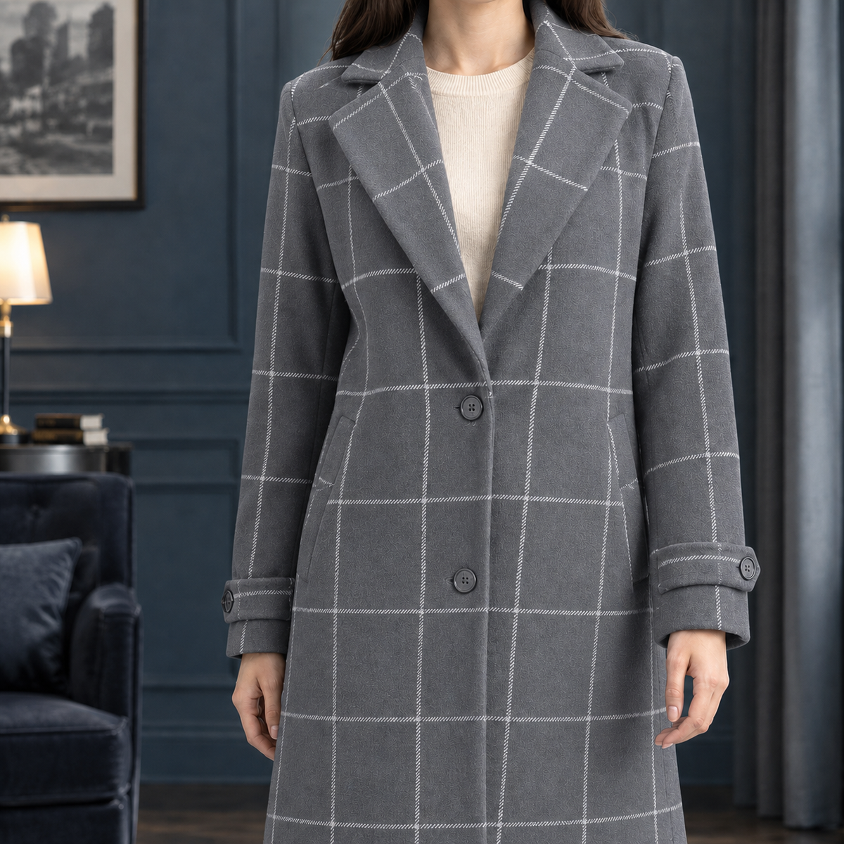Coat Polyester Windowpane Mid-Length with Notched Lapels