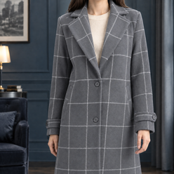 Coat Polyester Windowpane Mid-Length with Notched Lapels