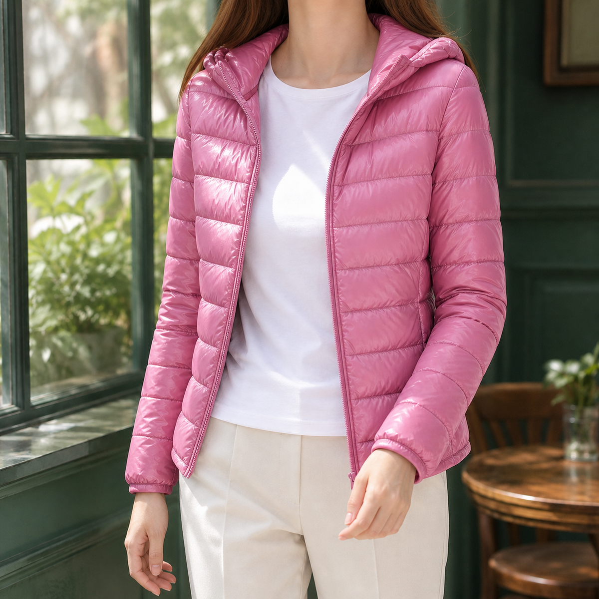 Hooded Jacket Cashmere-Feel Slim with White Duck Down and Full Zip