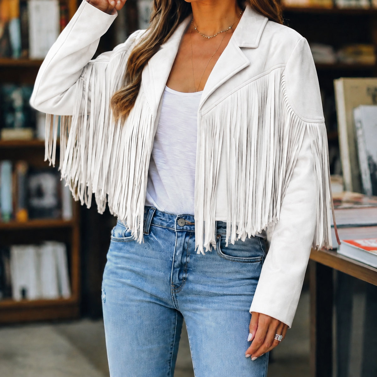 Fringe Jacket Polyester Cropped Open Front with Notched Lapel