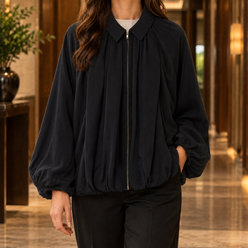 Balloon Jacket Polyester Batwing with Pointed Collar and Full Zip