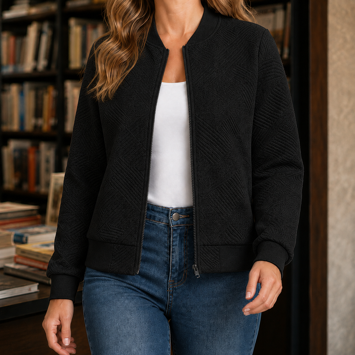 Bomber Jacket Polyester with Raised Geometric Texture and Full Zip