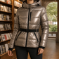Quilted Jacket Polyester with Padded Hood, Zip Pockets and Belt