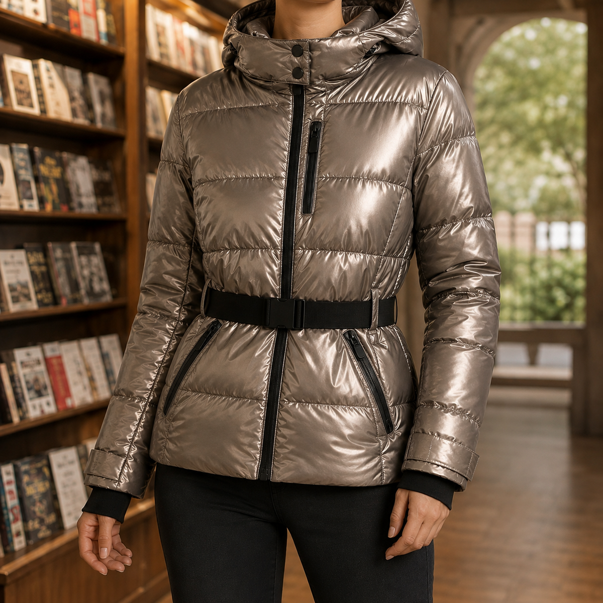 Quilted Jacket Polyester with Padded Hood, Zip Pockets and Belt