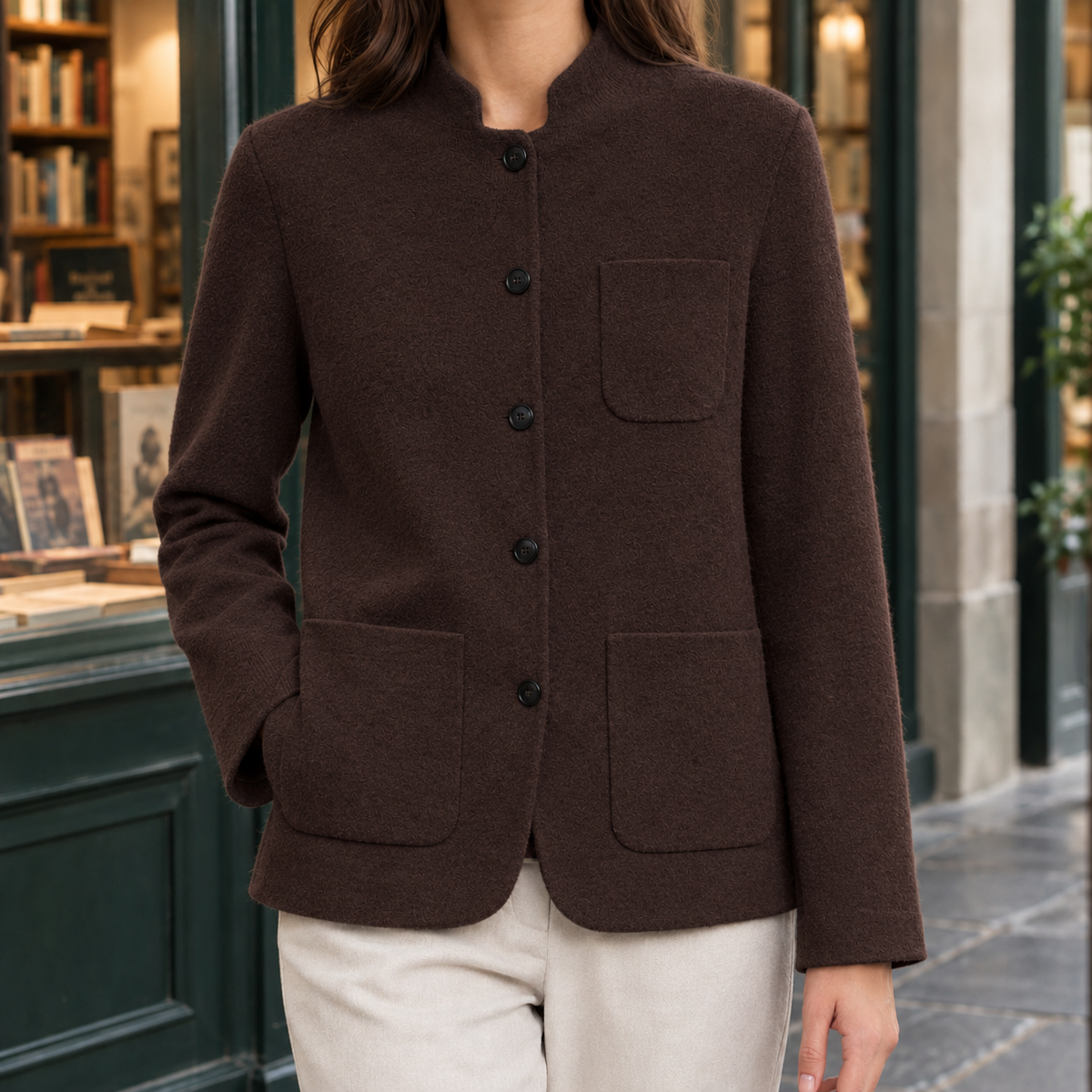 Jacket Wool Stand Collar with Five-Button Front and Patch Pockets