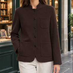 Jacket Wool Stand Collar with Five-Button Front and Patch Pockets