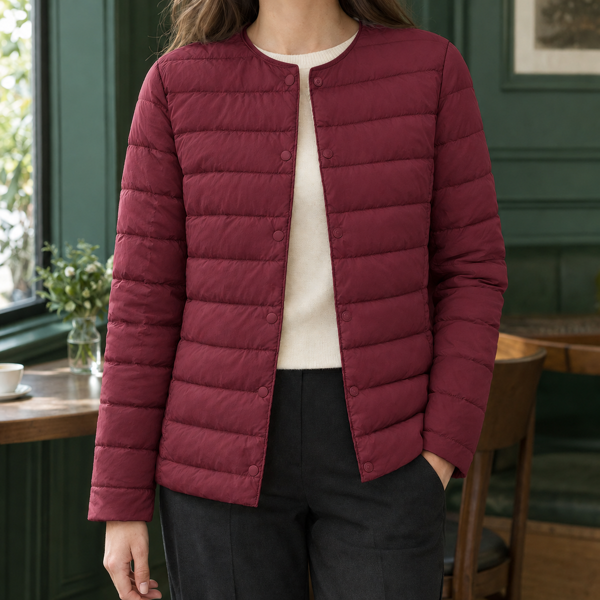 Quilted Jacket White Duck Down Filled Slim Hip-Length with Snap Front