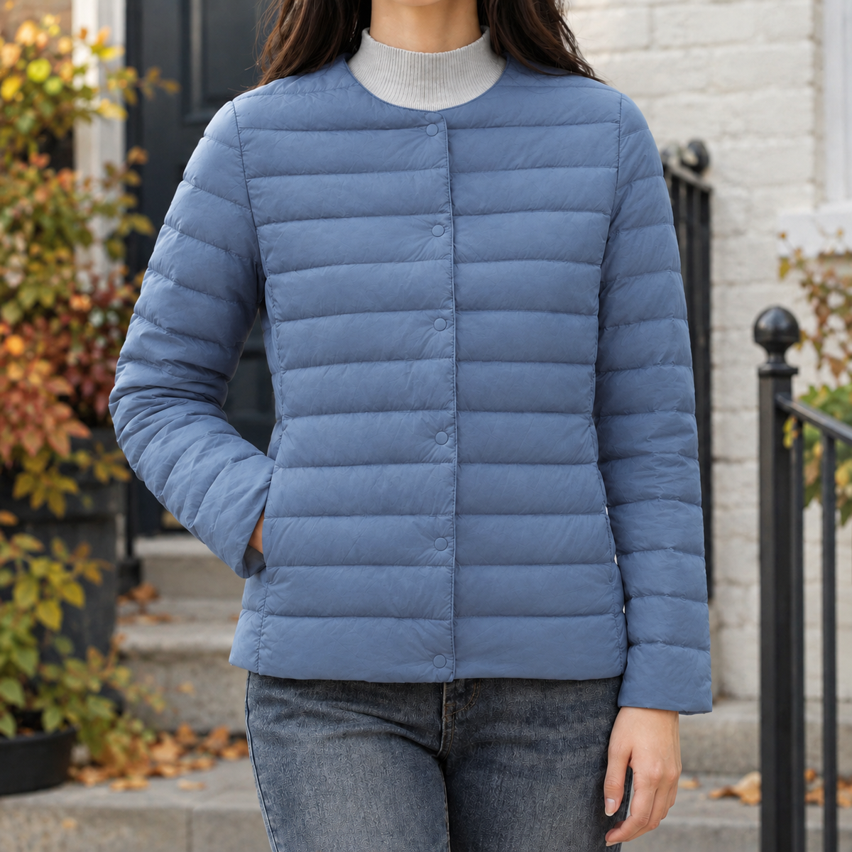 Quilted Jacket Polyester Lightweight with Round Neckline and Snaps