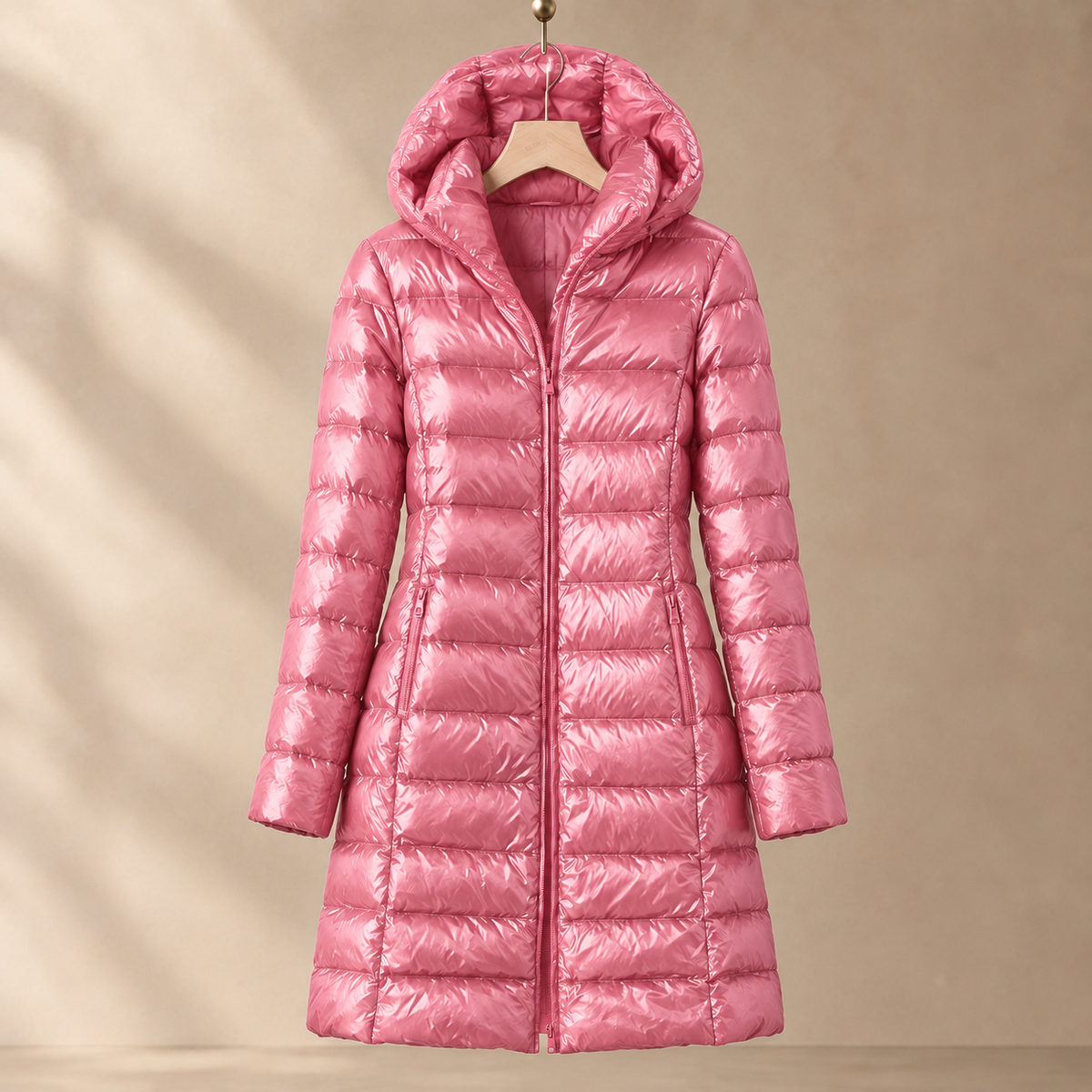Jacket Duck Down Quilted Slim Mid-Length with Padded Hood and Zip
