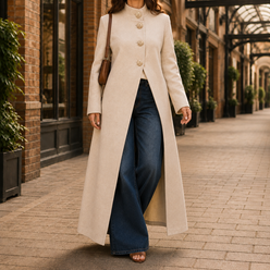 Longline Jacket Polyester with High Stand Collar and Gold-Tone Buttons