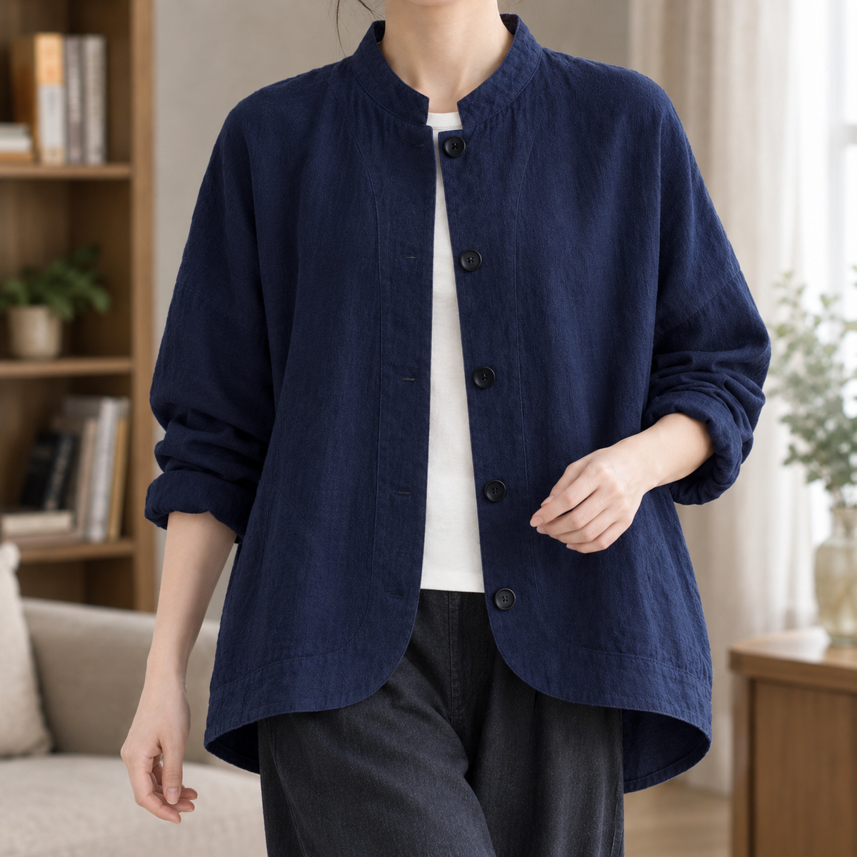 Stand Collar Jacket Cotton Blend Gauze Batwing with Button Front