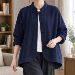 Stand Collar Jacket Cotton Blend Gauze Batwing with Button Front