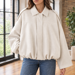 Pilot Jacket Faux Suede Cropped with Concealed Zip and Bubble Hem