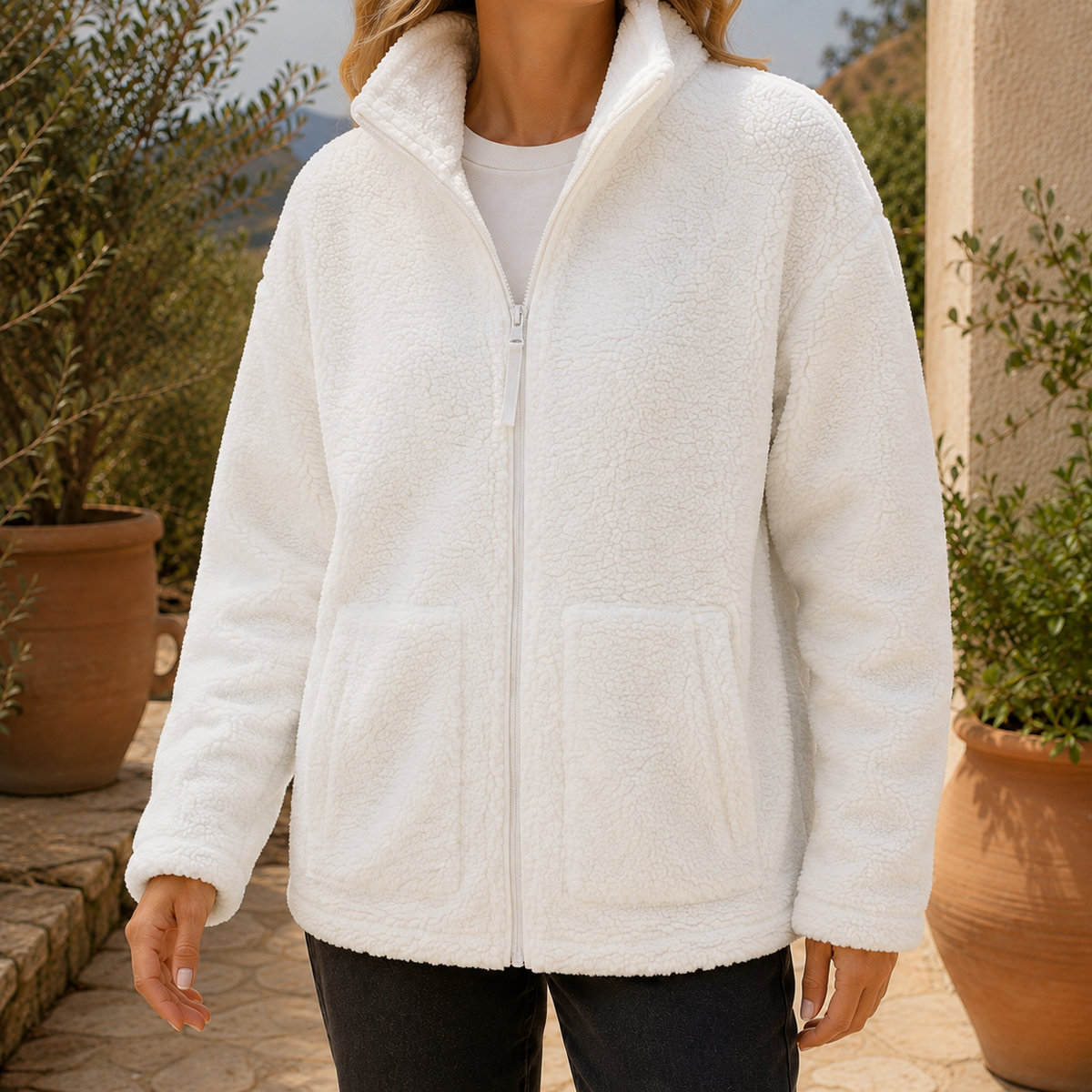 Teddy Jacket Polyester Plush Oversized with Full Zip and Patch Pockets