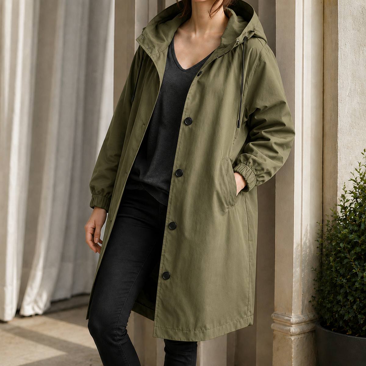 Hooded Overcoat Polyester Sweeping Longline with Angled Pockets