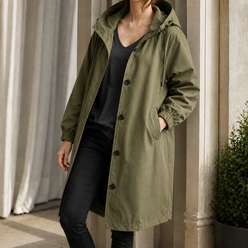 Hooded Overcoat Polyester Sweeping Longline with Angled Pockets