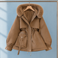 Parka Polyester Short with Faux Fur Hood Trim and Drawstring Waist