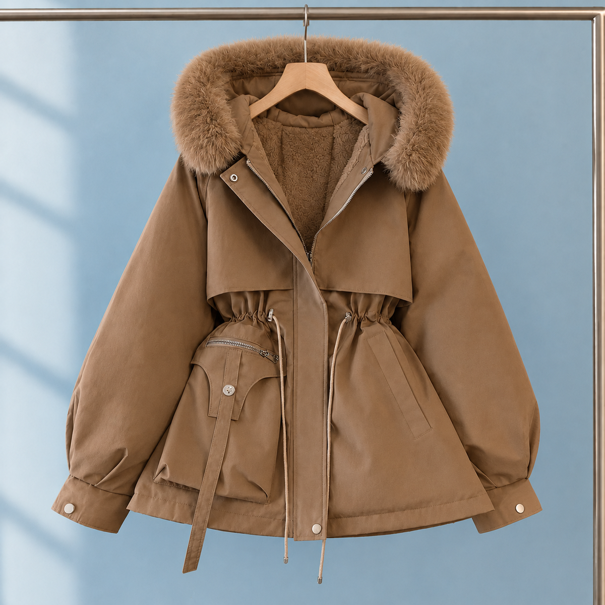 Parka Polyester Short with Faux Fur Hood Trim and Drawstring Waist