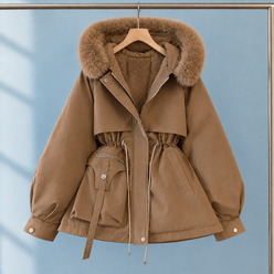 Parka Polyester Short with Faux Fur Hood Trim and Drawstring Waist