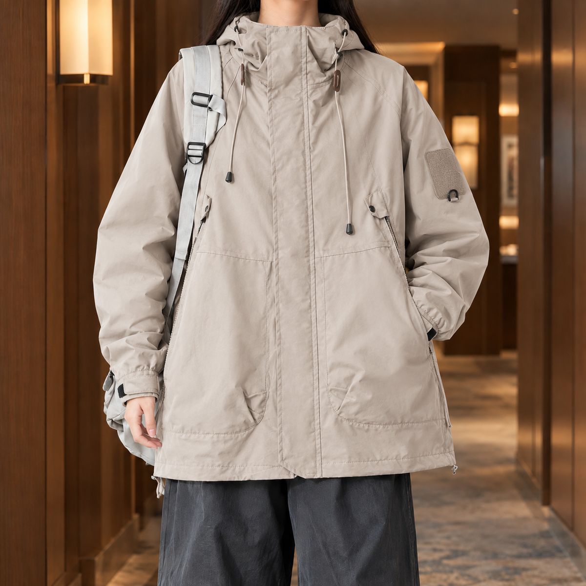 Hooded Jacket Cotton Blend Relaxed Mid-Length with Concealed Zip