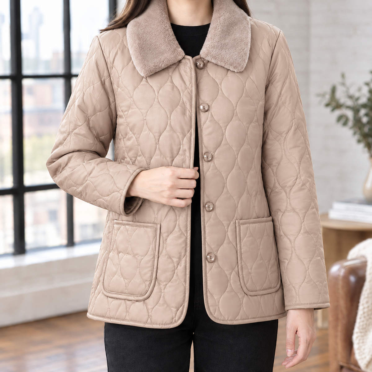 Quilted Jacket Faux Leather with Plush Collar and Patch Pockets