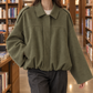 Bomber Jacket Faux Suede Oversized Cropped with Pointed Shirt Collar