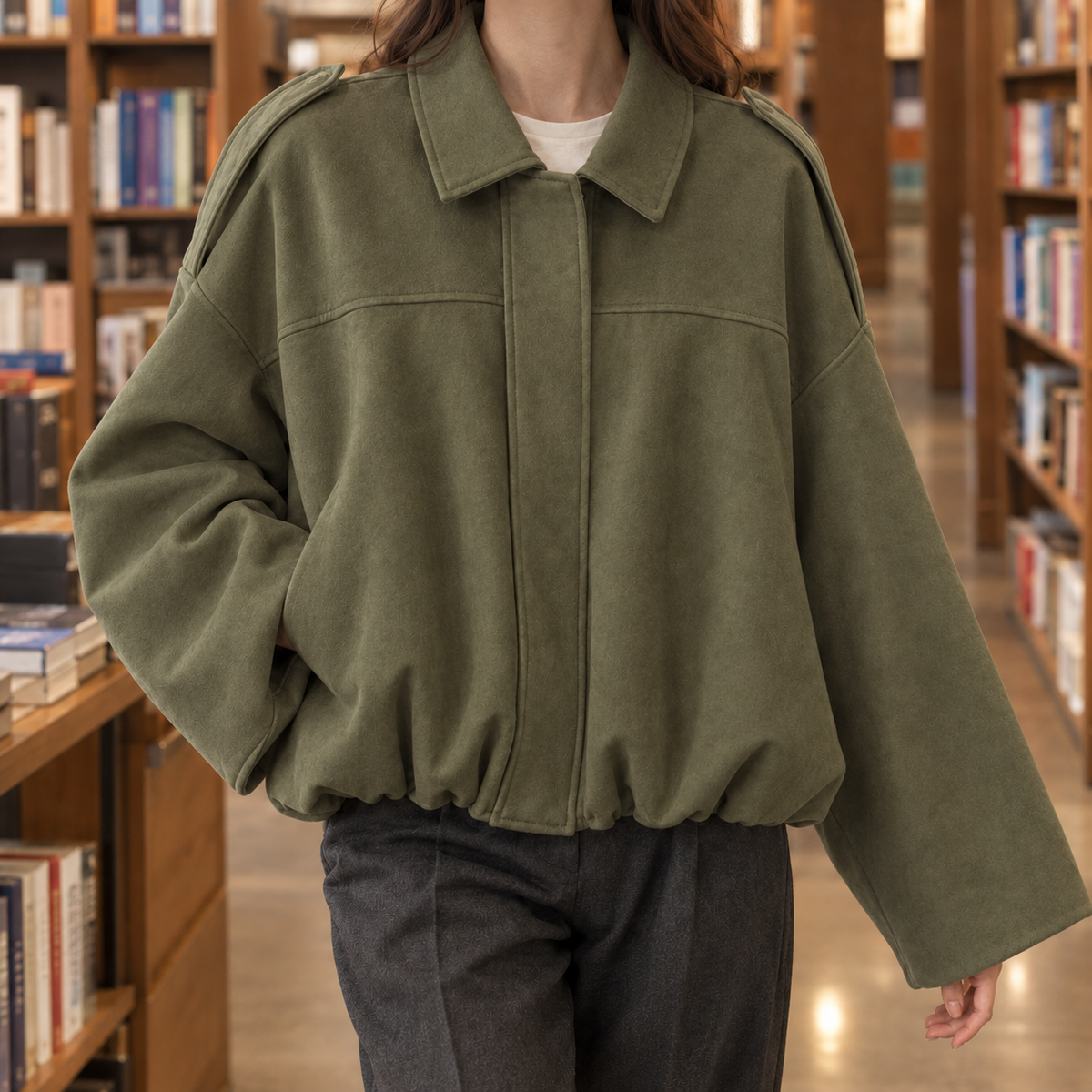 Bomber Jacket Faux Suede Oversized Cropped with Pointed Shirt Collar