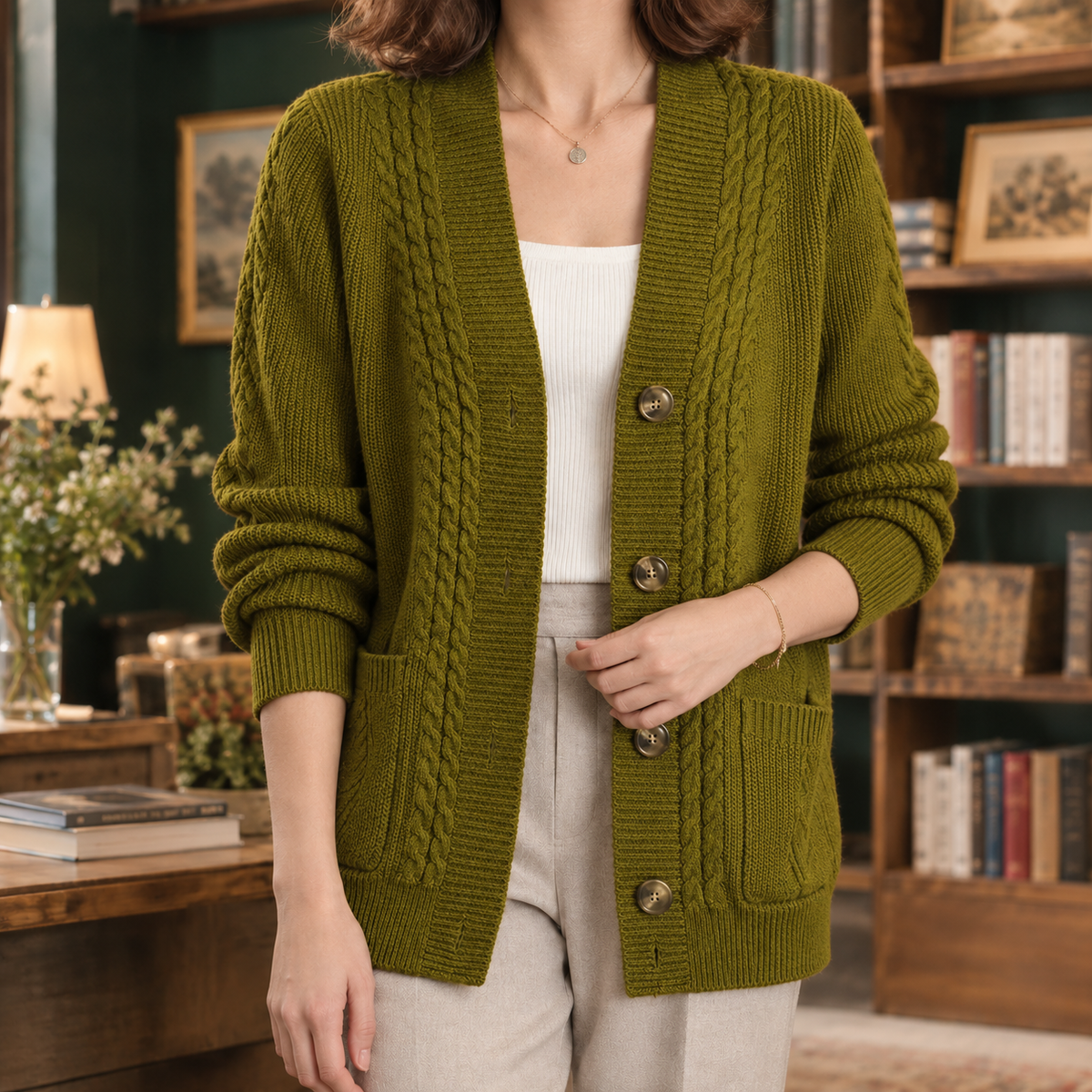 Wool-Blend Cable Knit Cardigan